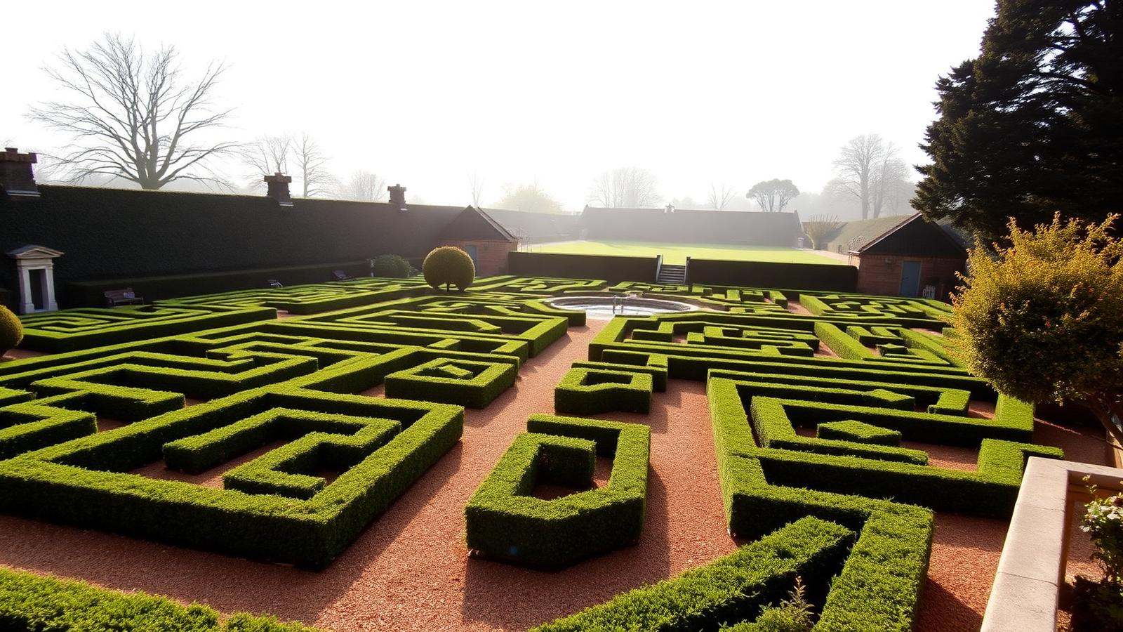 Formal hedge maze with warm gravel paths at a professional estate