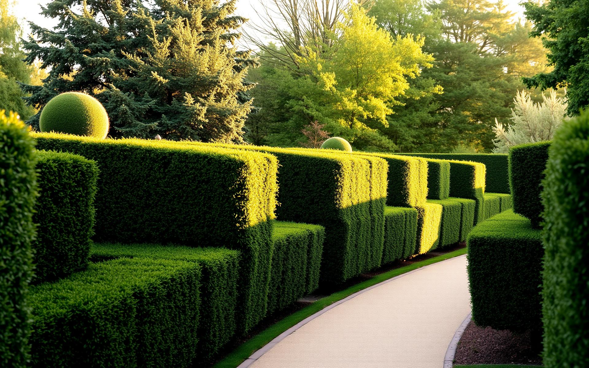 Formal box hedging and topiary beside a curved garden path
